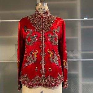 Deluxe Dynasty Red Silk Women's Beaded and Sequined Evening Jacket